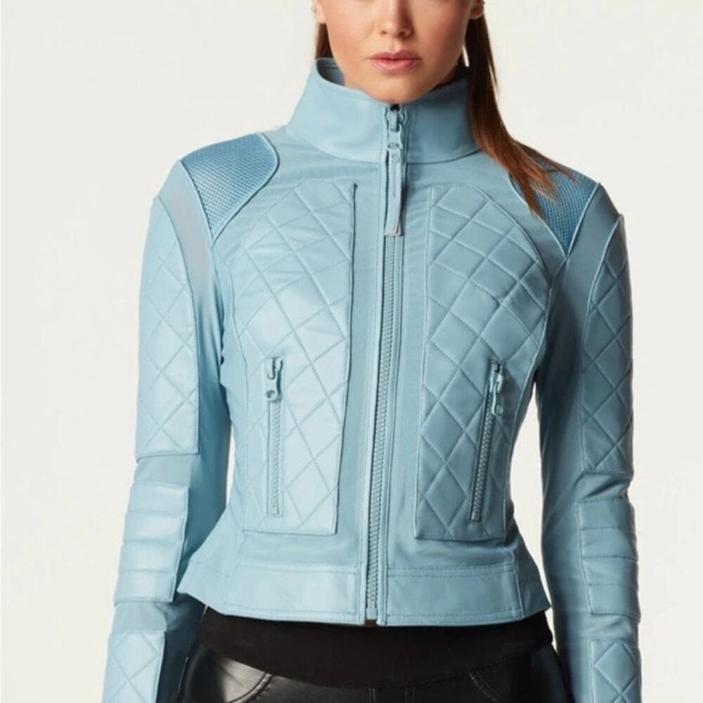 Blanc Noir Blue Leather Moto Mesh Jacket - Picture 4 of 12